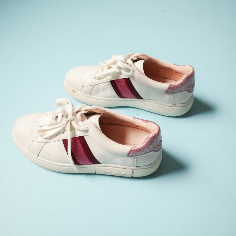Kate Spade Keswick Glitter Leather Low-Top Sneakers White Pink Womens 7 - Picture 2 of 7